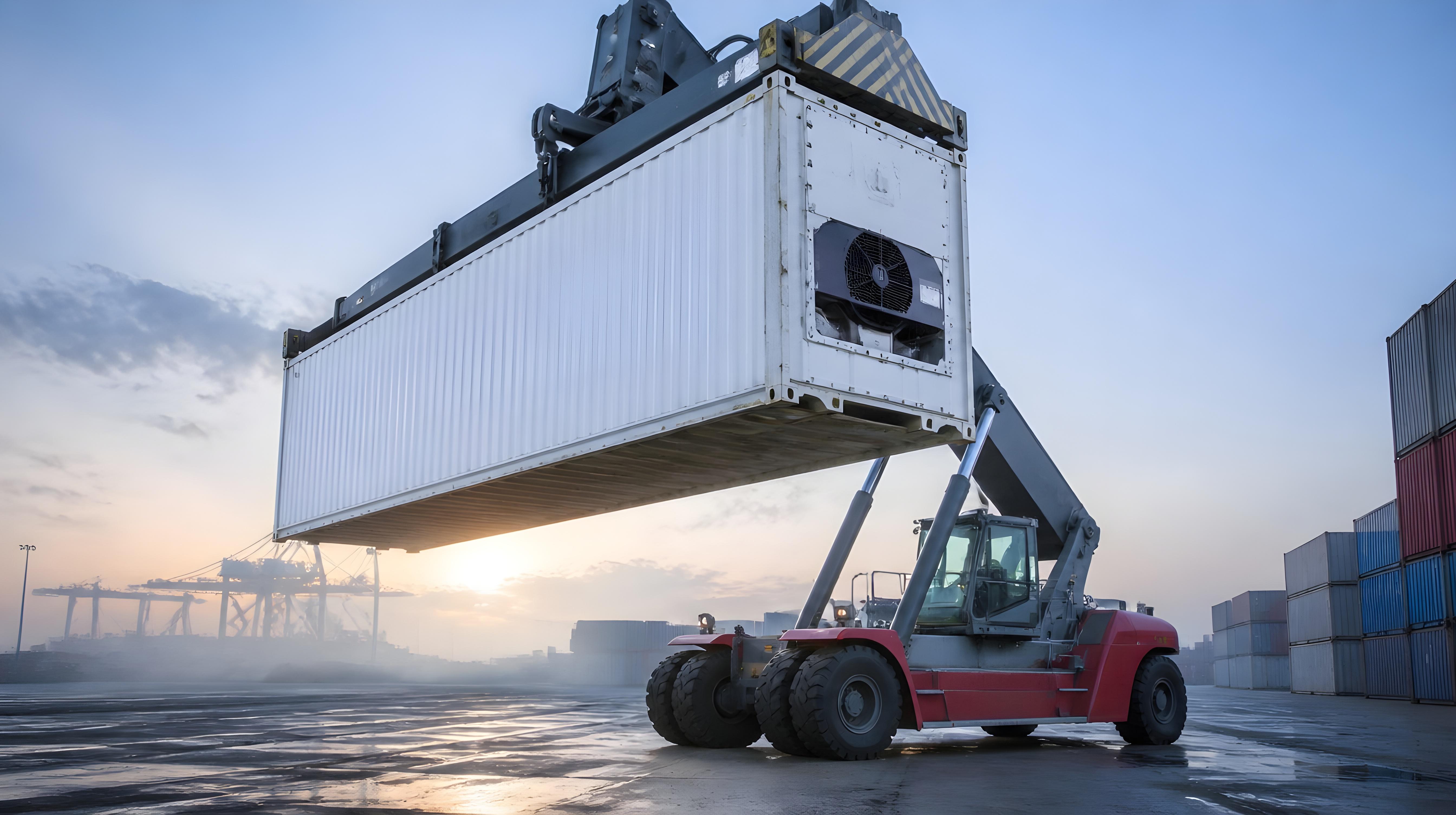 Refrigerated container in a port yard; cold chain for meat, dairy products, and proteins during customs clearance